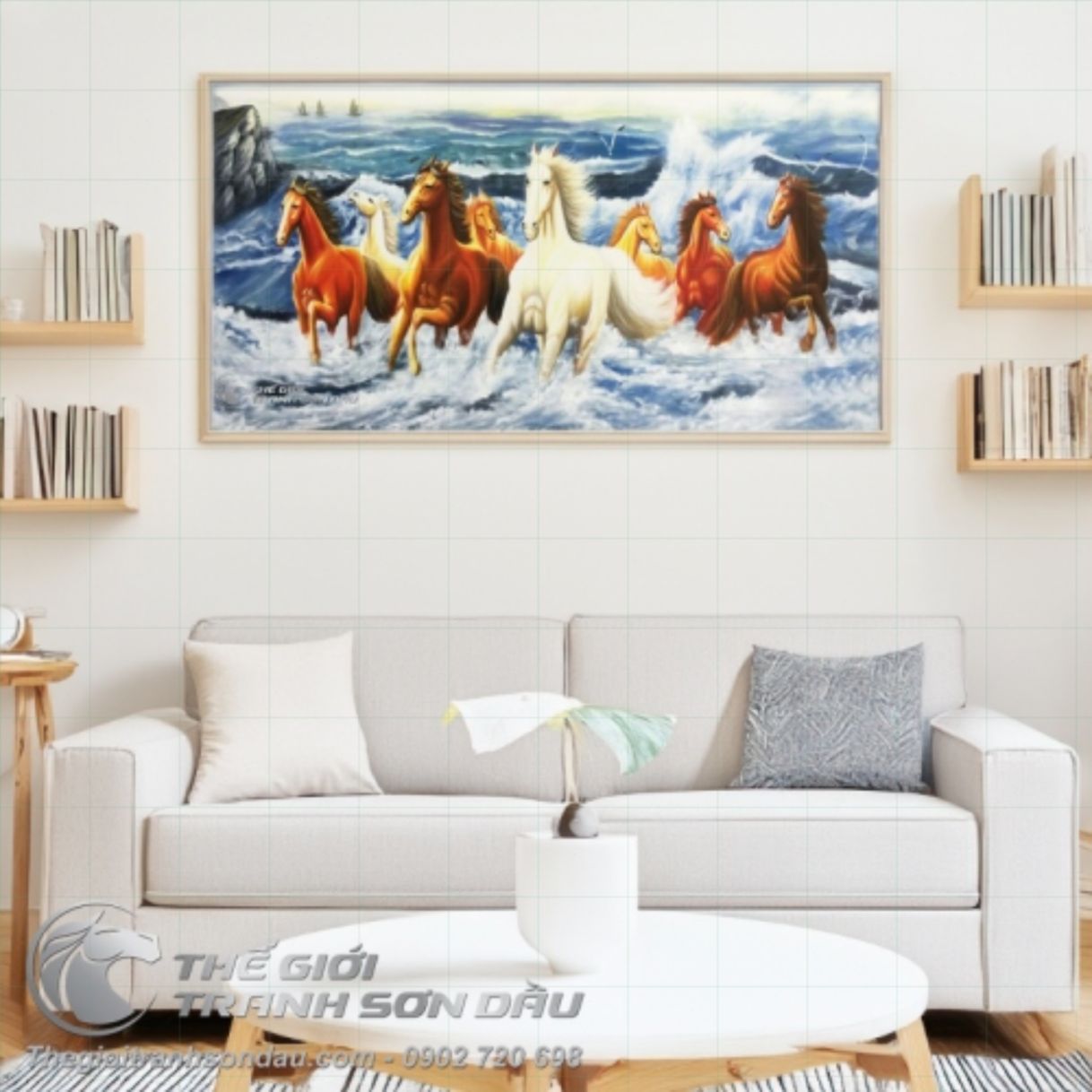 Tranh mã đáo thành công ngựa chạy trên biển sơn dầu 60x120 cm đa sắc 