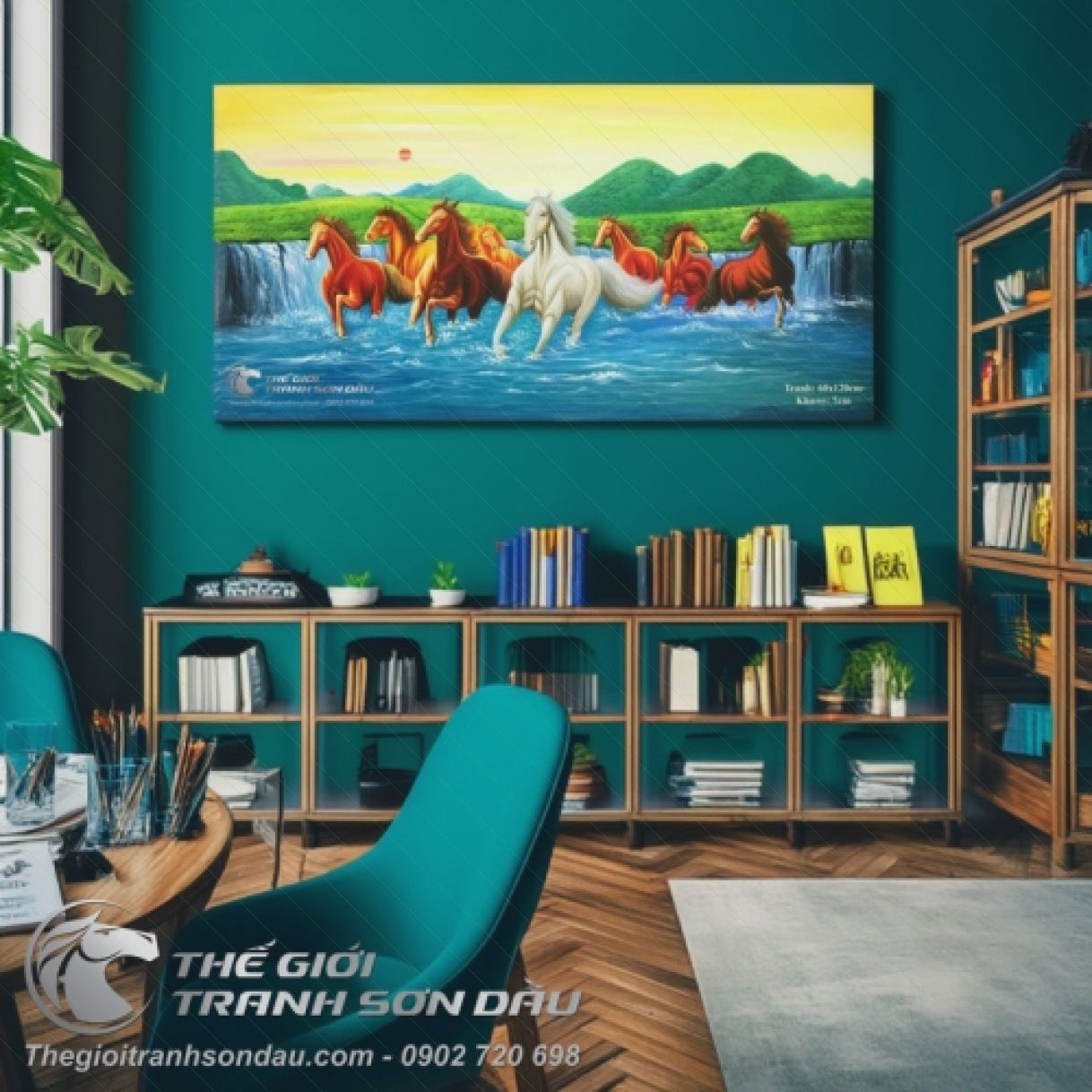 Tranh Mã Đáo Thành Công Đồng Cỏ Sơn Dầu Khung 7cm 60x120cm 