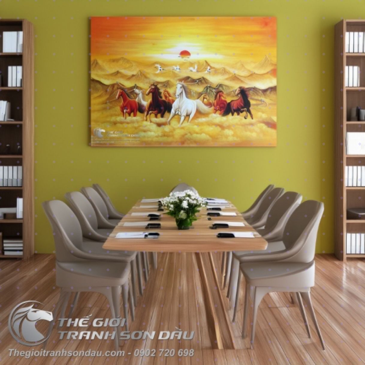 Tranh Sơn Dầu Phong Thủy Bát Mã 80x120cm Khung Sang Trọng Phong Thủy 