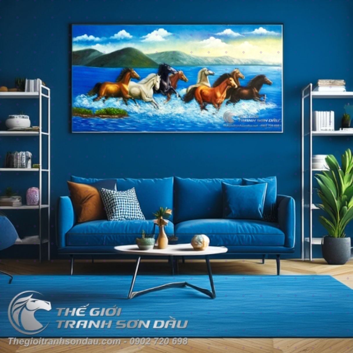 Tranh Sơn Dầu Phong Thủy Tám Con Ngựa Hợp Mạng Thủy 60x120cm 