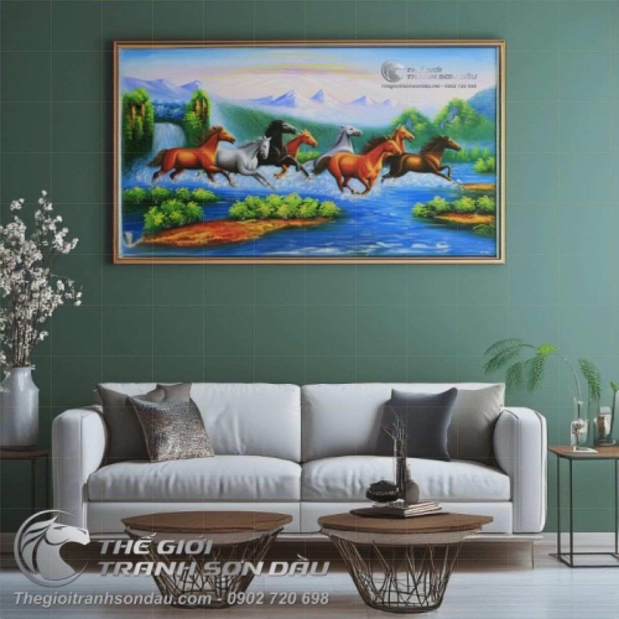 Tranh Sơn Dầu Phong Thủy Bát Mã Kích Thước Lớn 60x120cm 