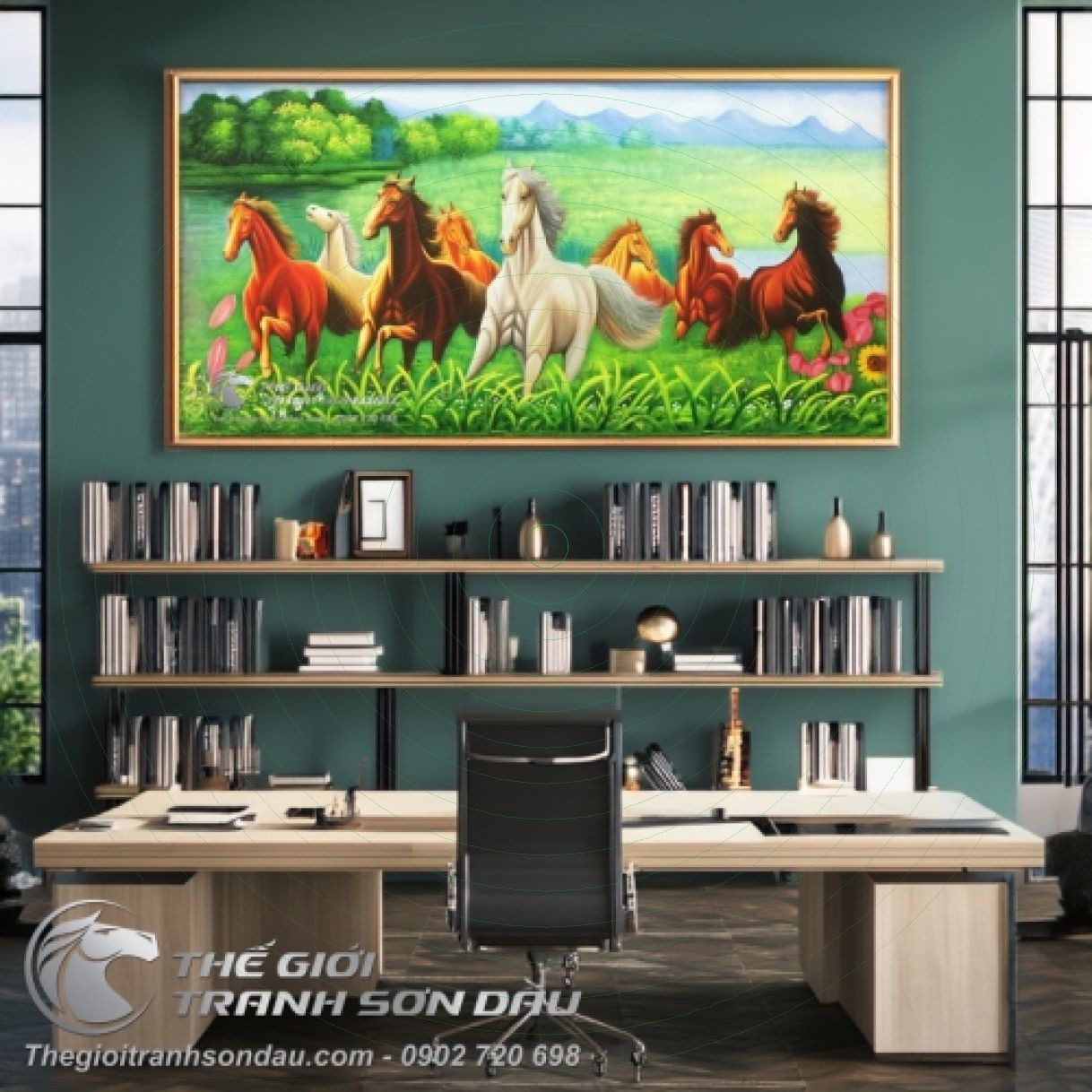 Tranh Sơn Dầu Bát Mã Du Xuân Treo Tường 80x160cm Đa Sắc 