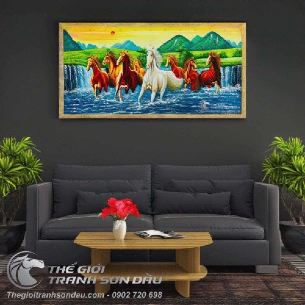 Tranh bát mã bình sơn đạp thủy 60x120cm khung 6cm đa sắc sơn dầu 