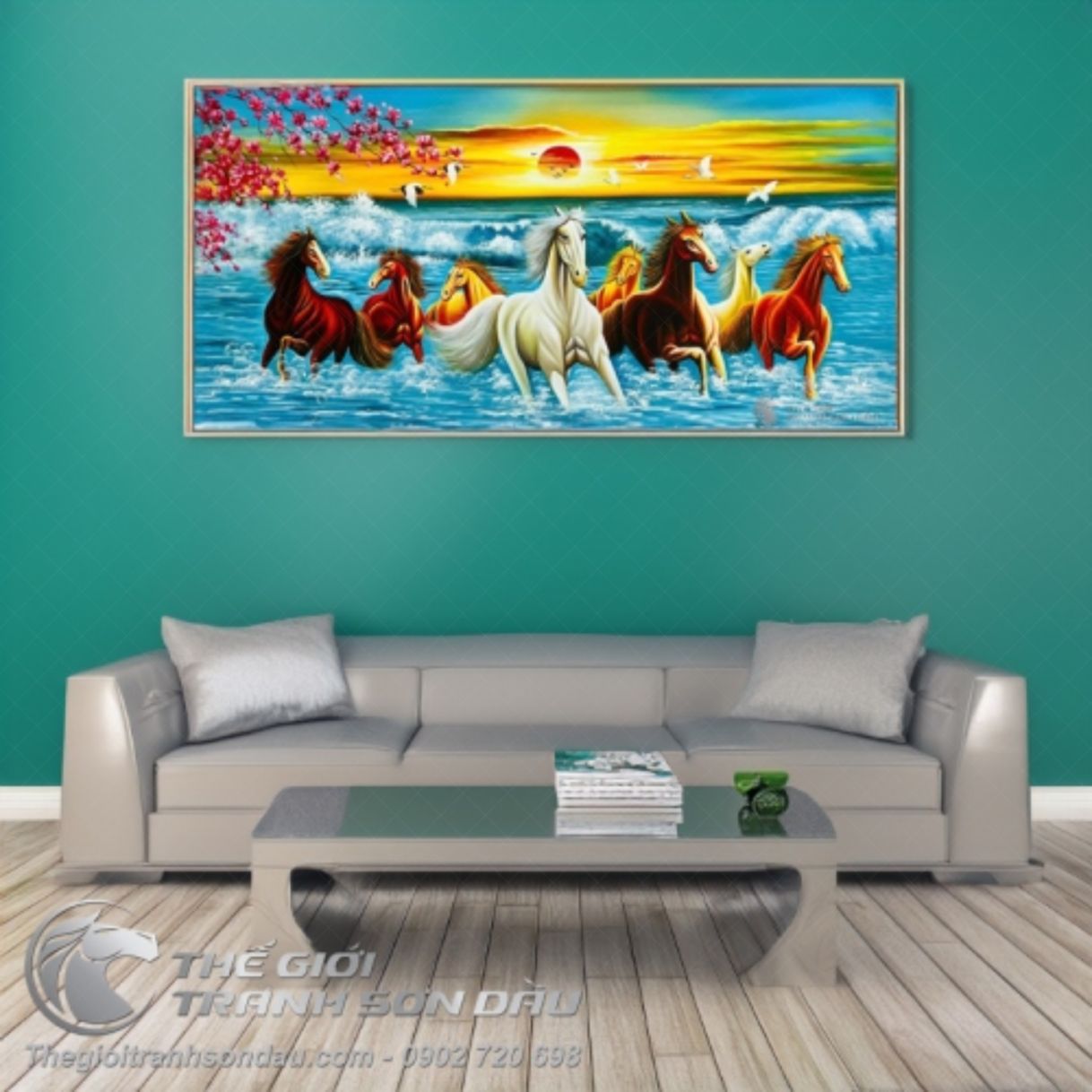 Tranh Sơn Dầu Bát Mã Đón Xuân Sang 60x120cm Đa Màu Sắc Khung 