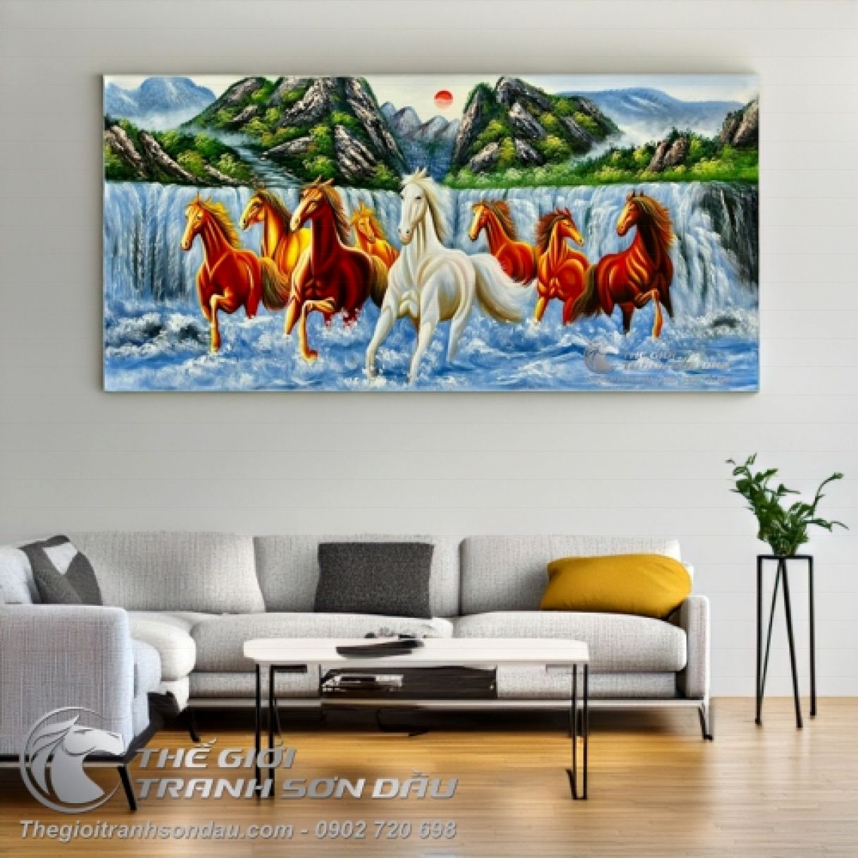 Tranh Bát Mã Vượt Thác Sơn Dầu Đa Sắc Kích Thước 60x120cm 