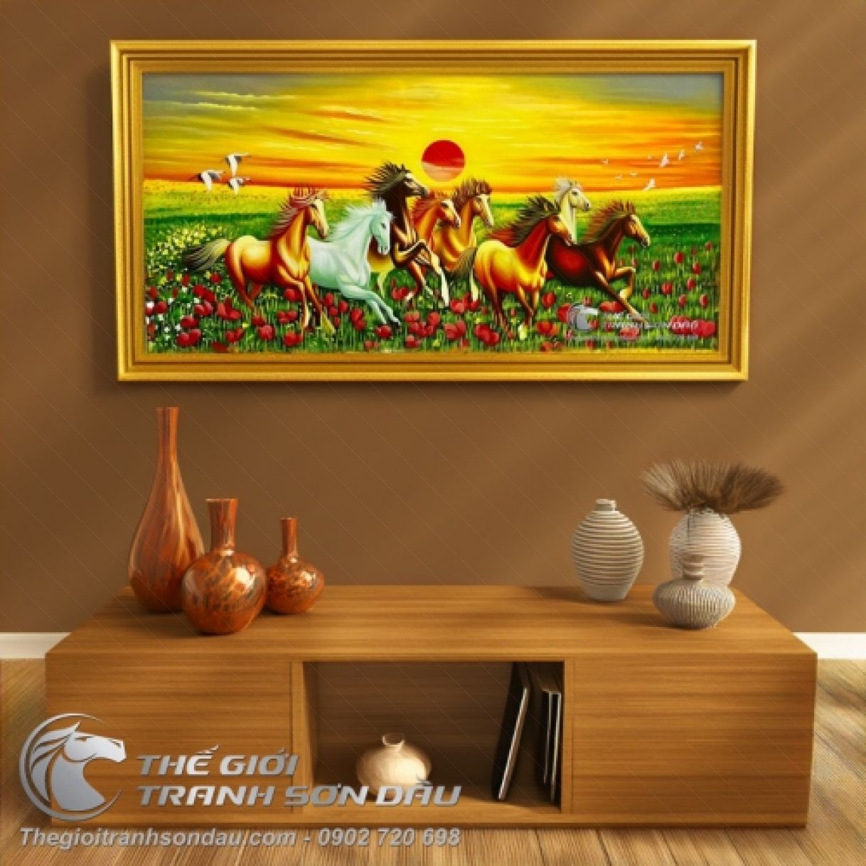 Tranh Ngựa Mã Đáo Bình Minh Thảo Nguyên Sơn Dầu Canvas 