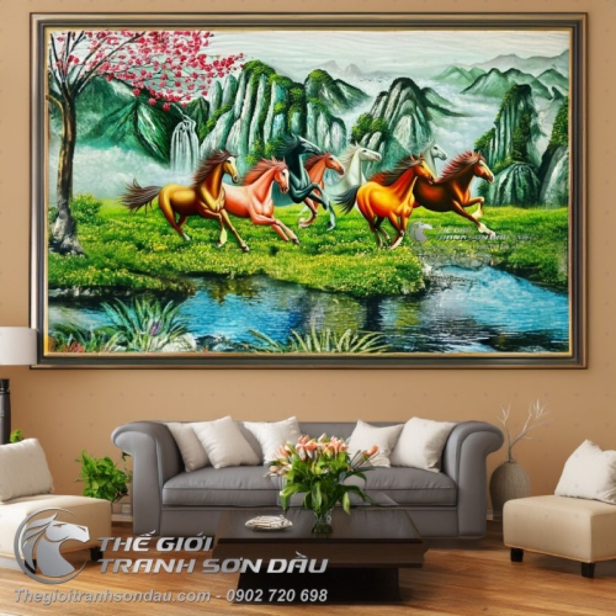 Tranh vẽ sơn dầu bát mã non xanh trùng điệp độc bản 60x120cm 