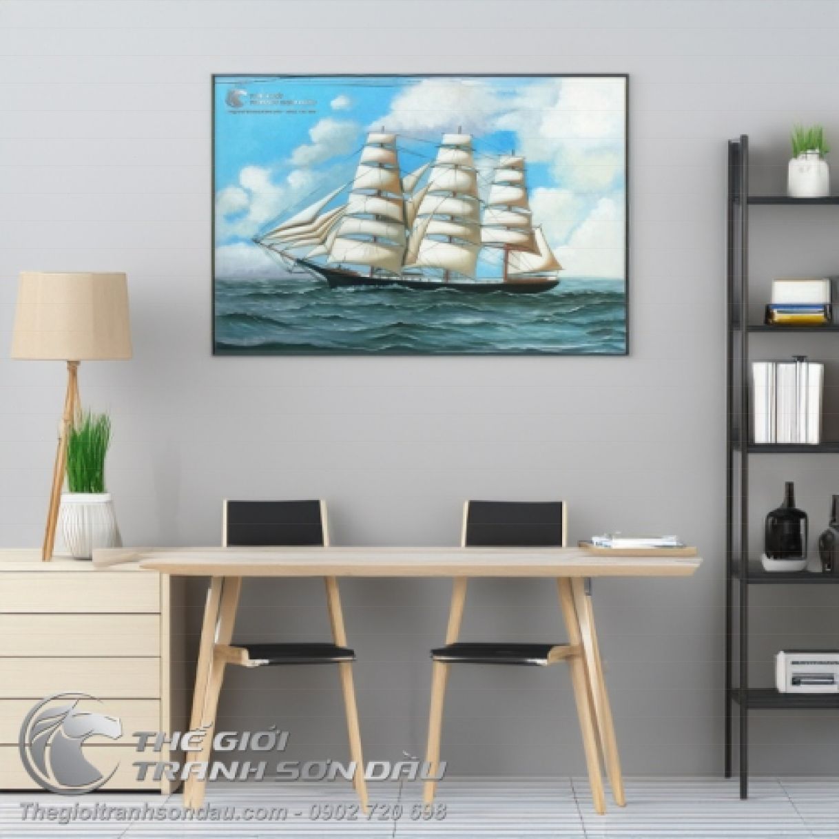 Tranh thuận buồm xuôi gió sơn dầu 60x90cm khung gỗ trang trí phong thủy 