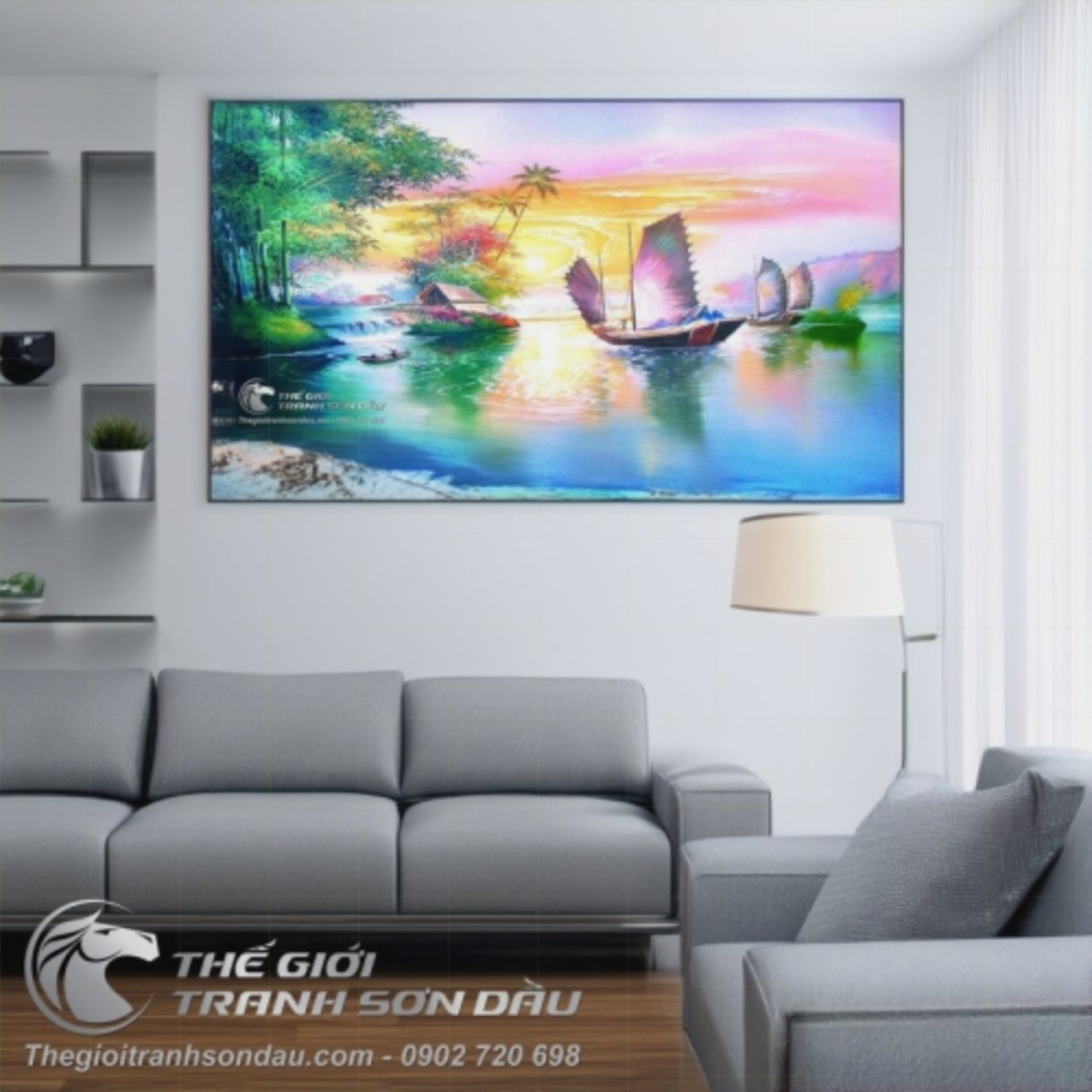 Tranh Hai Chiếc Thuyền Buồm Trên Dòng Sông Sơn Dầu 80x150cm 