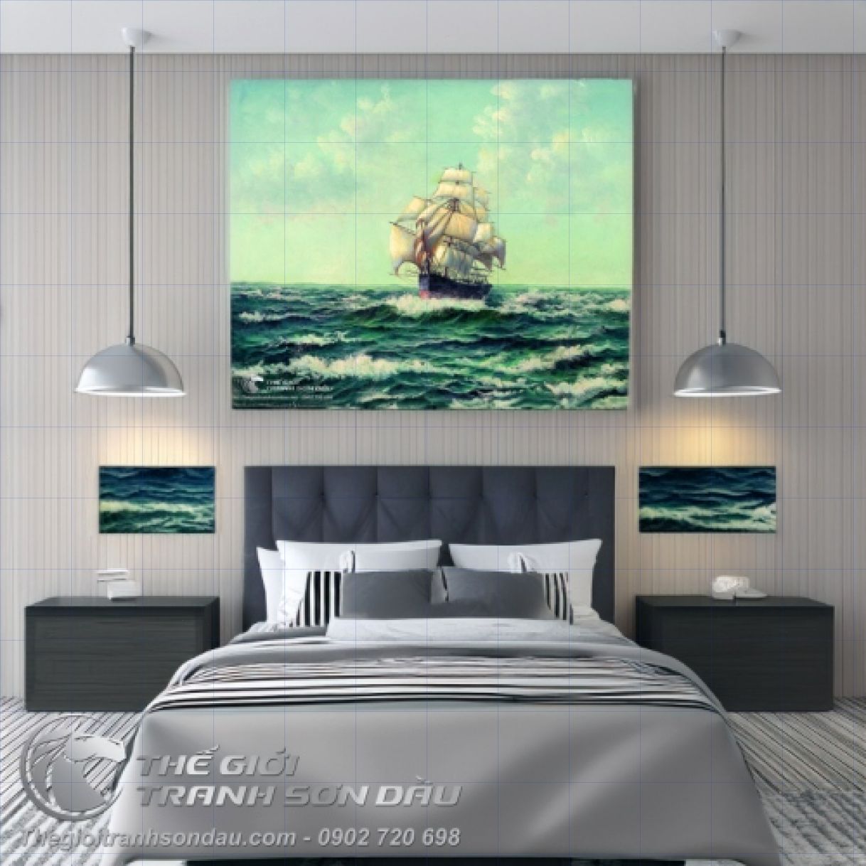 Tranh Thuyền Buồm Sóng Biển Lăn Tăn Sơn Dầu Đa Sắc 80x100cm 