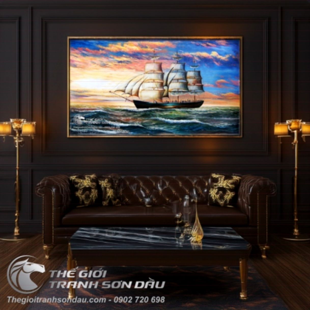 Tranh Thuyền Buồm Hoàng Hôn Bãi Biển Sơn Dầu 80x150cm Khung Gỗ 