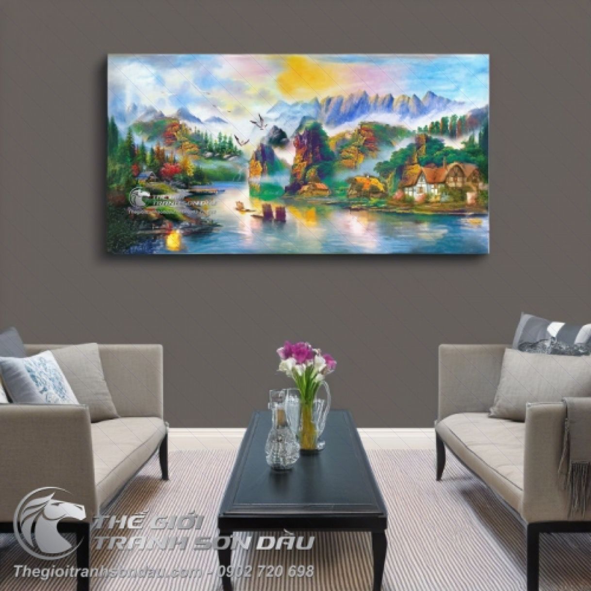 Tranh Sơn Dầu Núi Cao Sông Xanh Thuyền Buồm Đa Sắc 80x180cm 