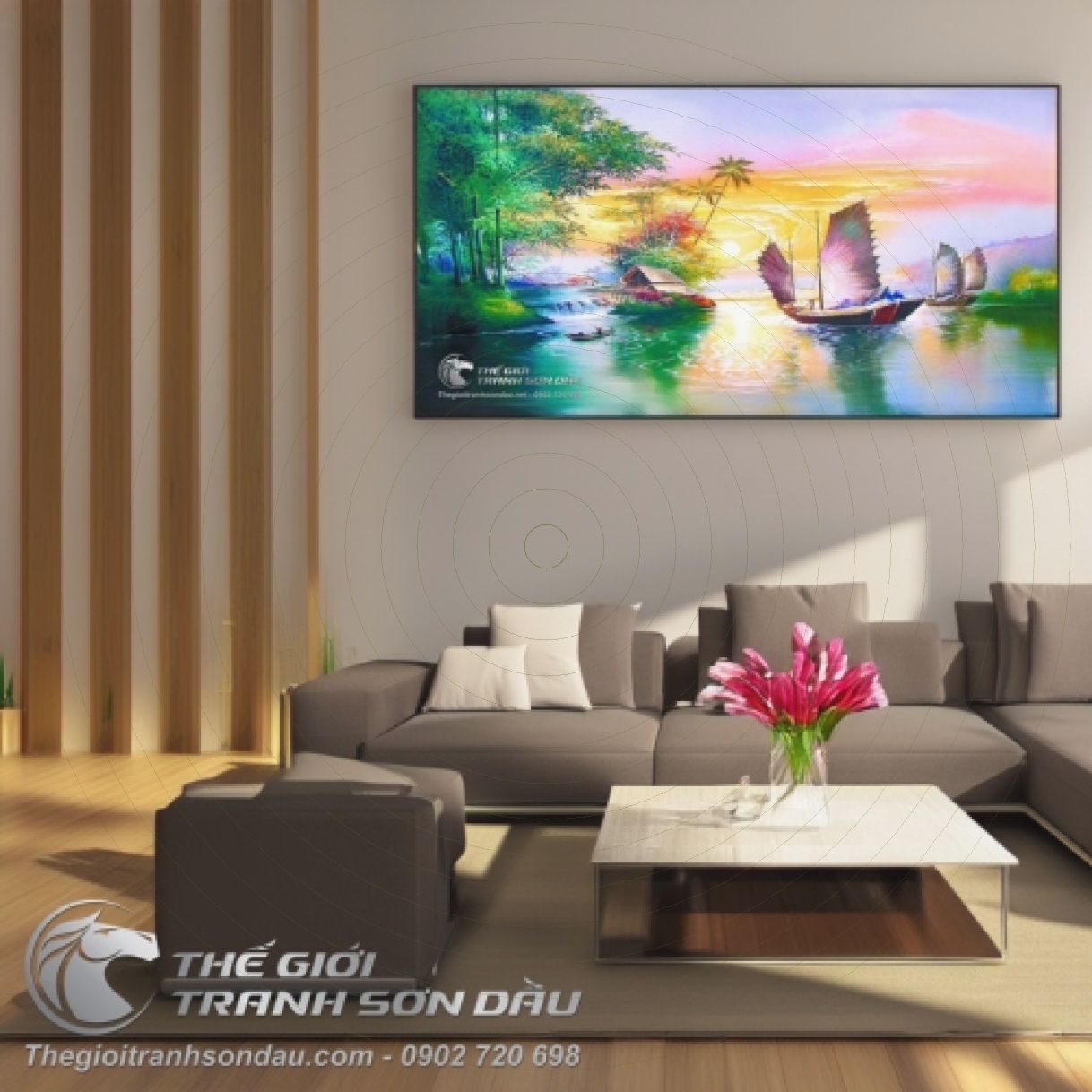 Tranh Thuyền Buồm Lênh Đênh Mặt Hồ Xanh Sơn Dầu 80x150cm Đa Sắc 