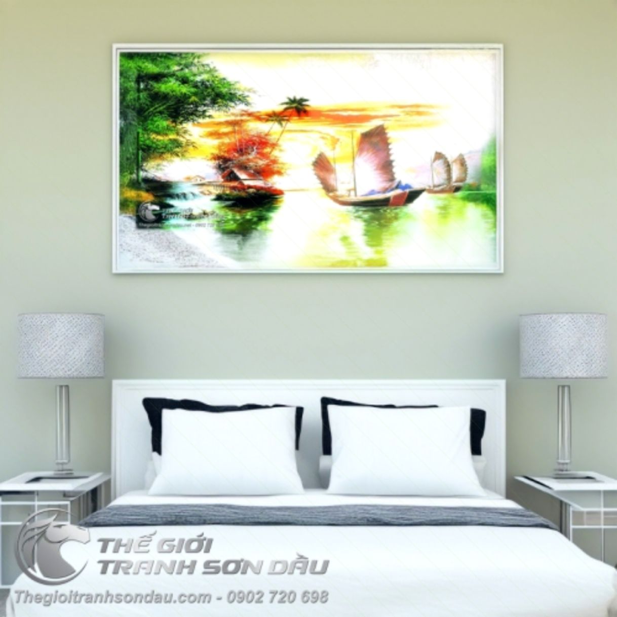 Tranh Thuyền Buồm Và Bụi Tre Sơn Dầu Màu Sắc Đa Dạng 80x150cm 