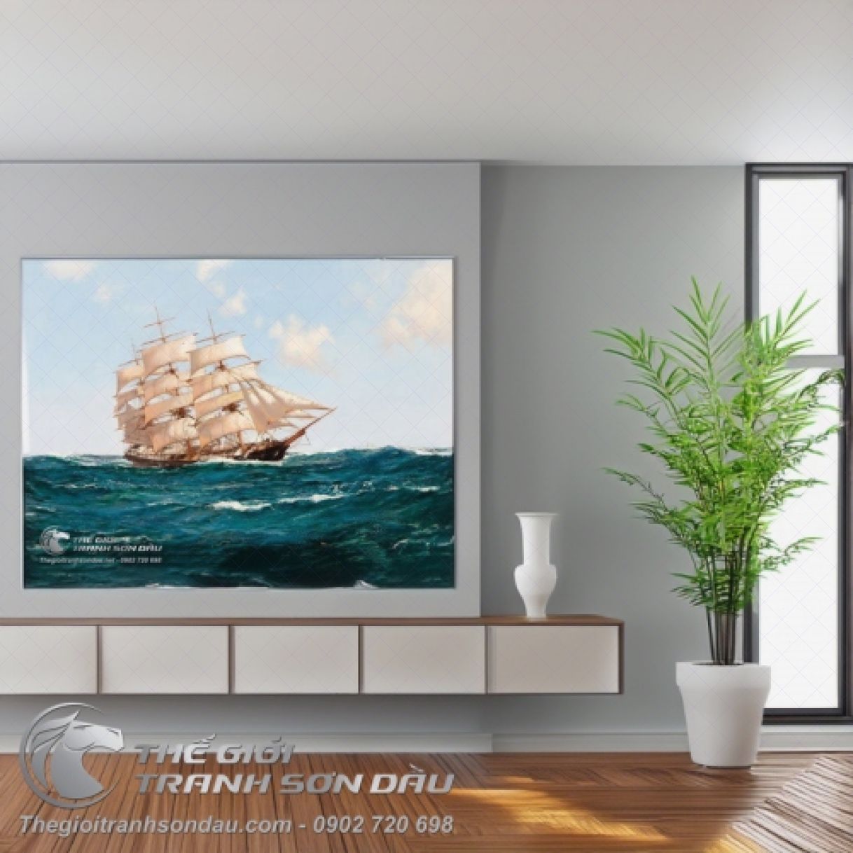 Tranh Sơn Dầu Thuyền Buồm Thuận Gió Biển 80x120cm Sang Trọng 