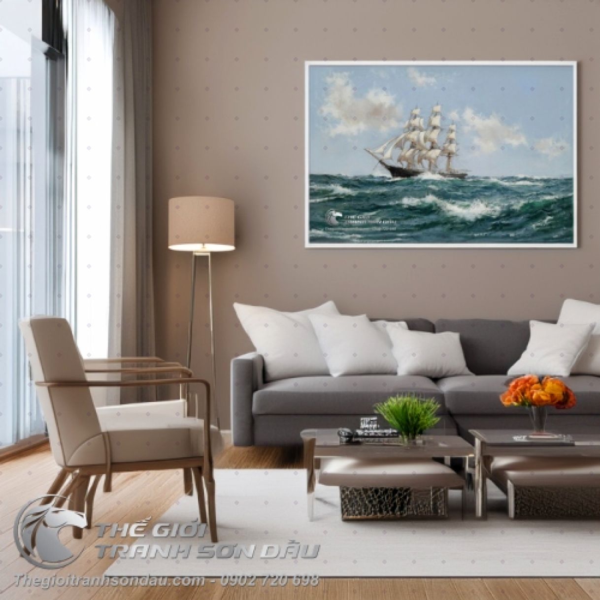 Tranh Biển Rộng Và Thuyền Buồm Đa Sắc Sơn Dầu 60x90cm 