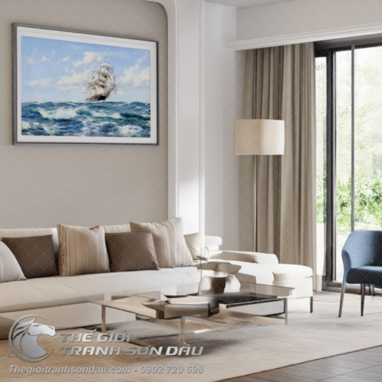 Tranh Sơn Dầu Thuyền Buồm Sóng Biển Dập Dờn Đẹp 