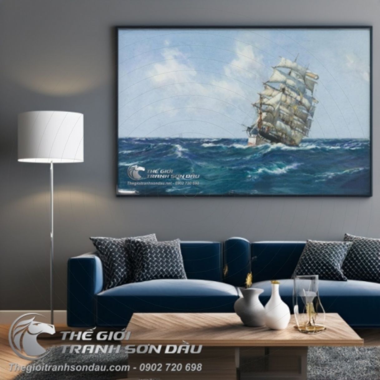 Tranh Sơn Dầu Thuyền Buồm Trôi Nổi Mặt Biển 60x90cm màu sắc rực rỡ 