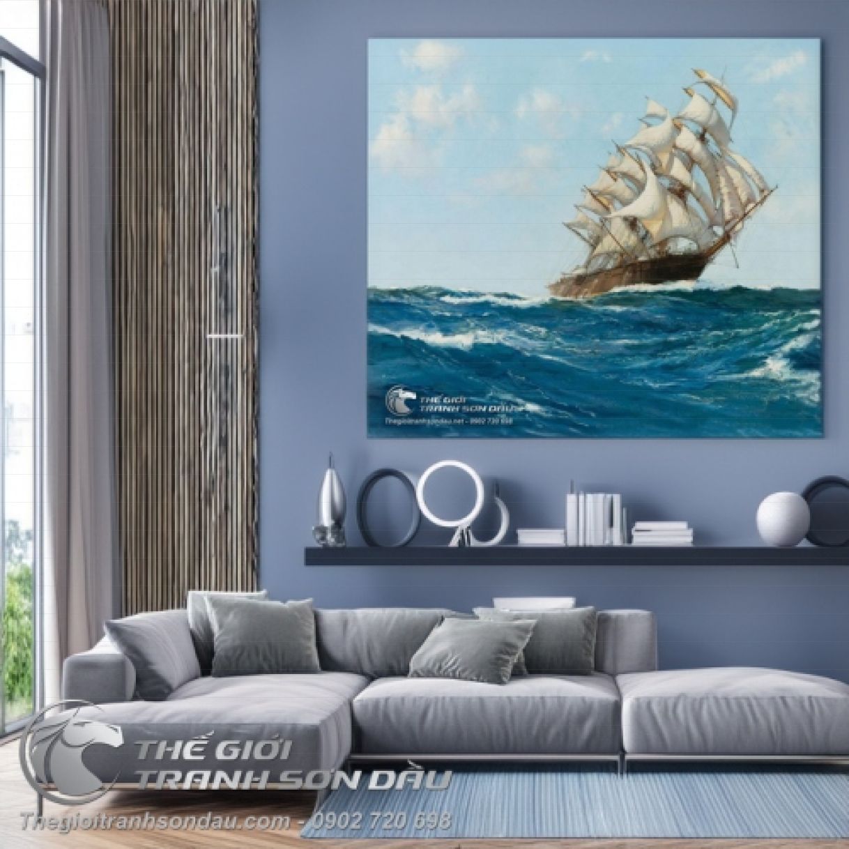 Tranh Sơn Dầu Thuyền Buồm Lướt Sóng Biển Đa Sắc 80x80cm 