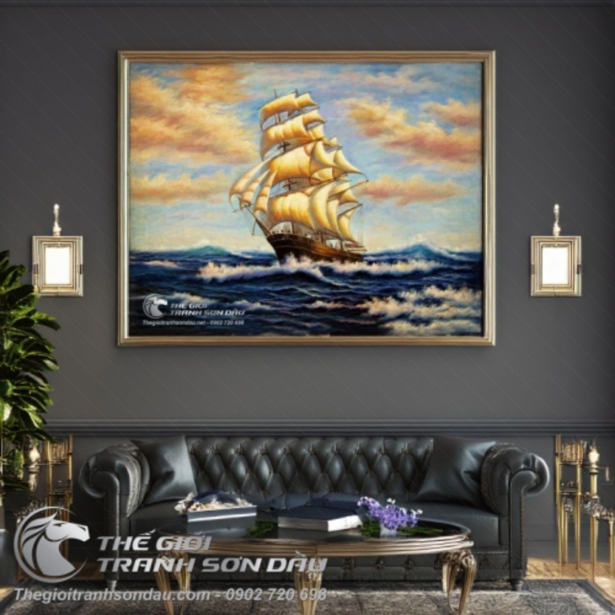Tranh Thuyền Buồm Xuôi Gió Sơn Dầu 80x100cm Trang Trí 