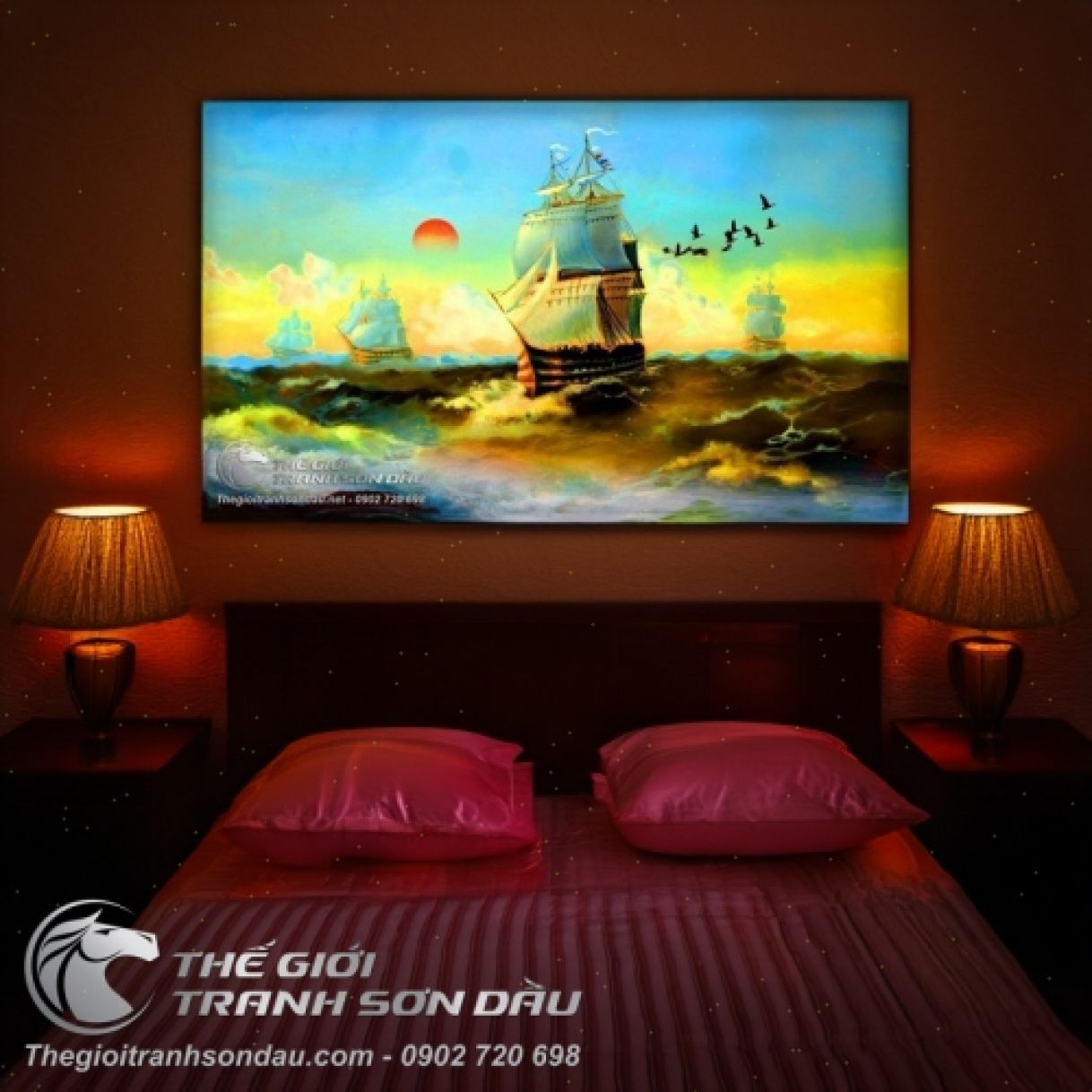 Tranh Sơn Dầu Thuyền Buồm Hoàng Hôn Trên Biển 80x150cm 