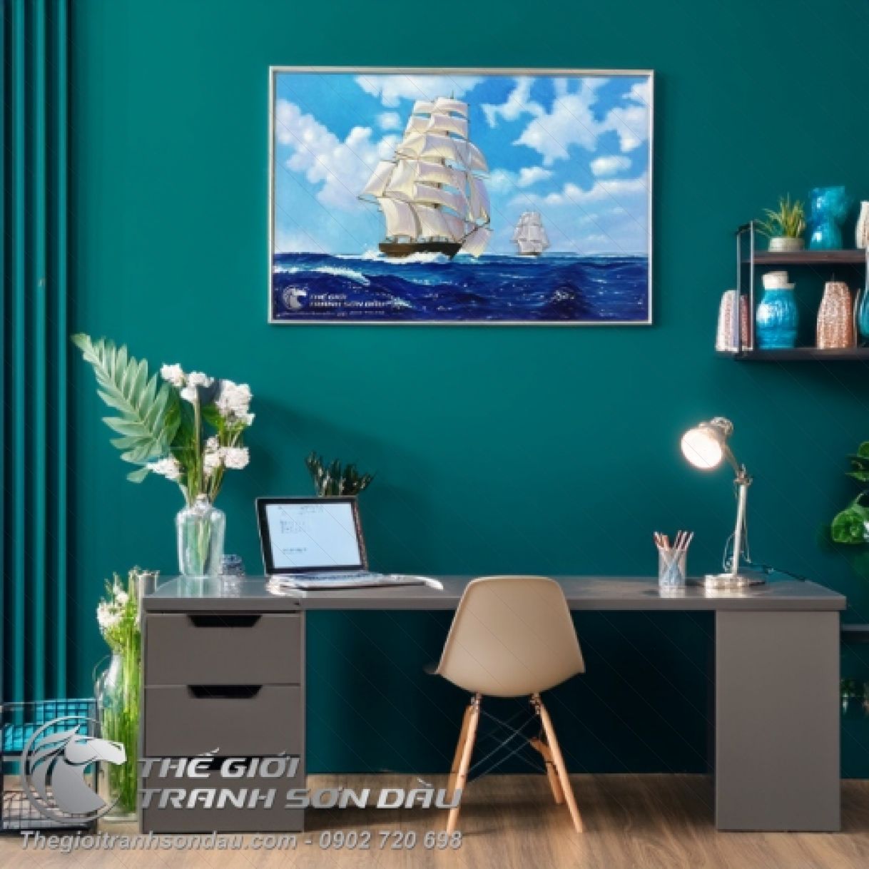 Tranh Phong Thủy Thuận Buồm Xuôi Gió Sơn dầu 60x90cm ý nghĩa tài lộc 