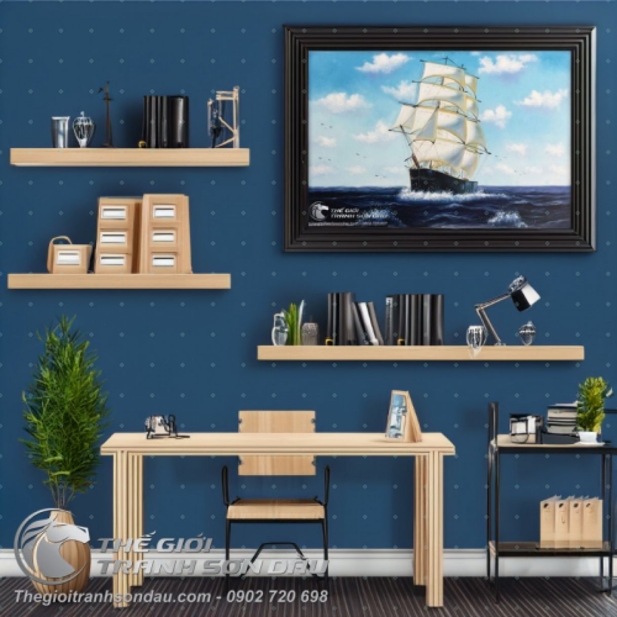 Tranh Sơn Dầu Thuận Buồm Xuôi Gió Thuyền Biển Đẹp 60x90cm 