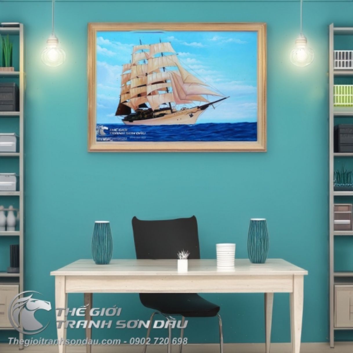 Tranh Vẽ Thuyền Trên Biển Sơn Dầu Đa Sắc Kích Thước 60x90cm 