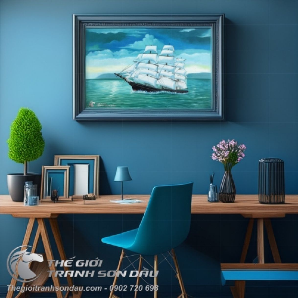 Tranh Sơn Dầu Thuyền Buồm Phong Thủy Khung 60x90cm Sang Trọng 
