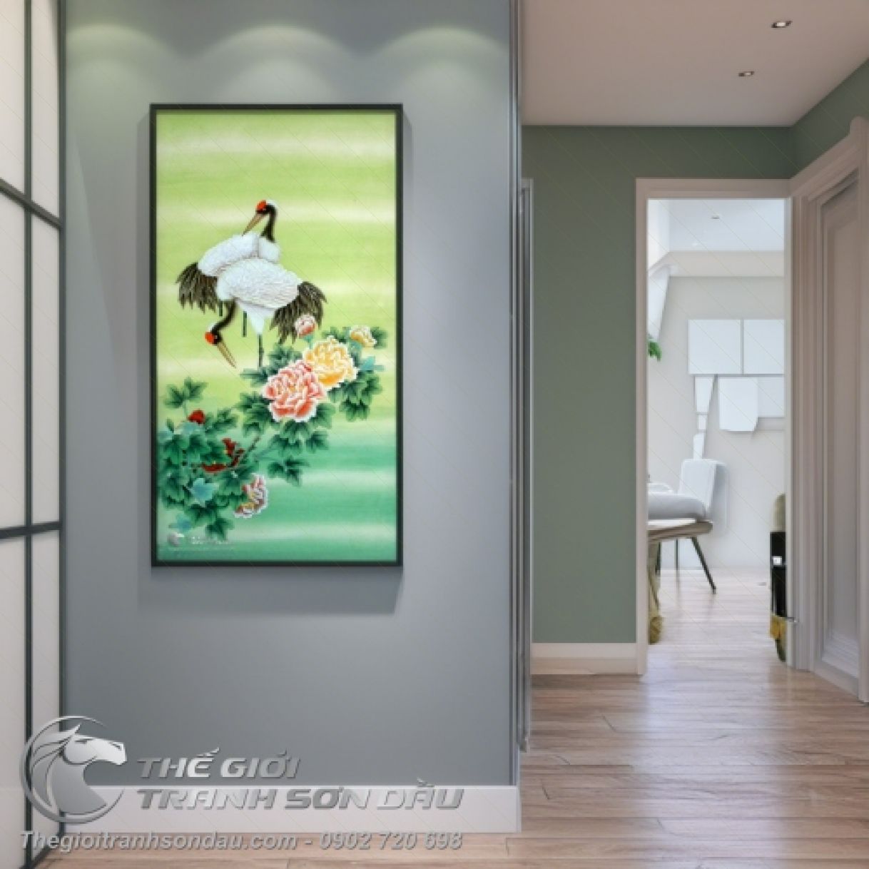 Tranh Sơn Dầu 2 Chim Hạc Hoa Mẫu Đơn 60x90cm Khung Gỗ 