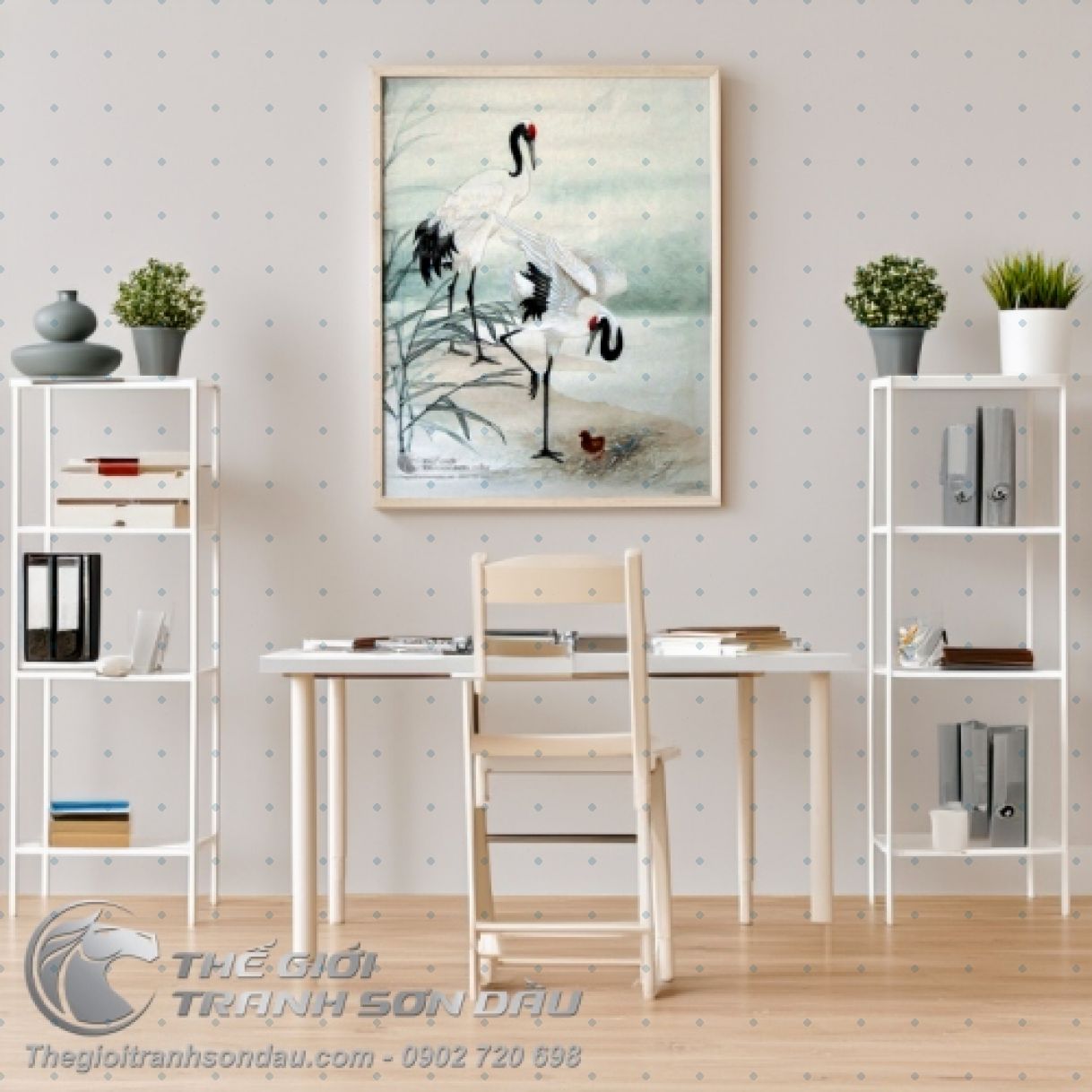 Tranh đôi chim hạc và chim hạc con đa kích thước đẹp chuẩn 