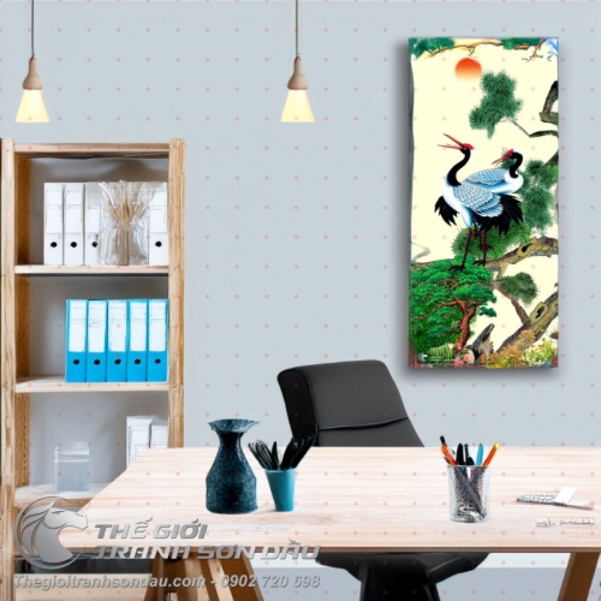 Tranh đôi chim hạc cây tùng mặt trời sơn dầu đa sắc đẹp 