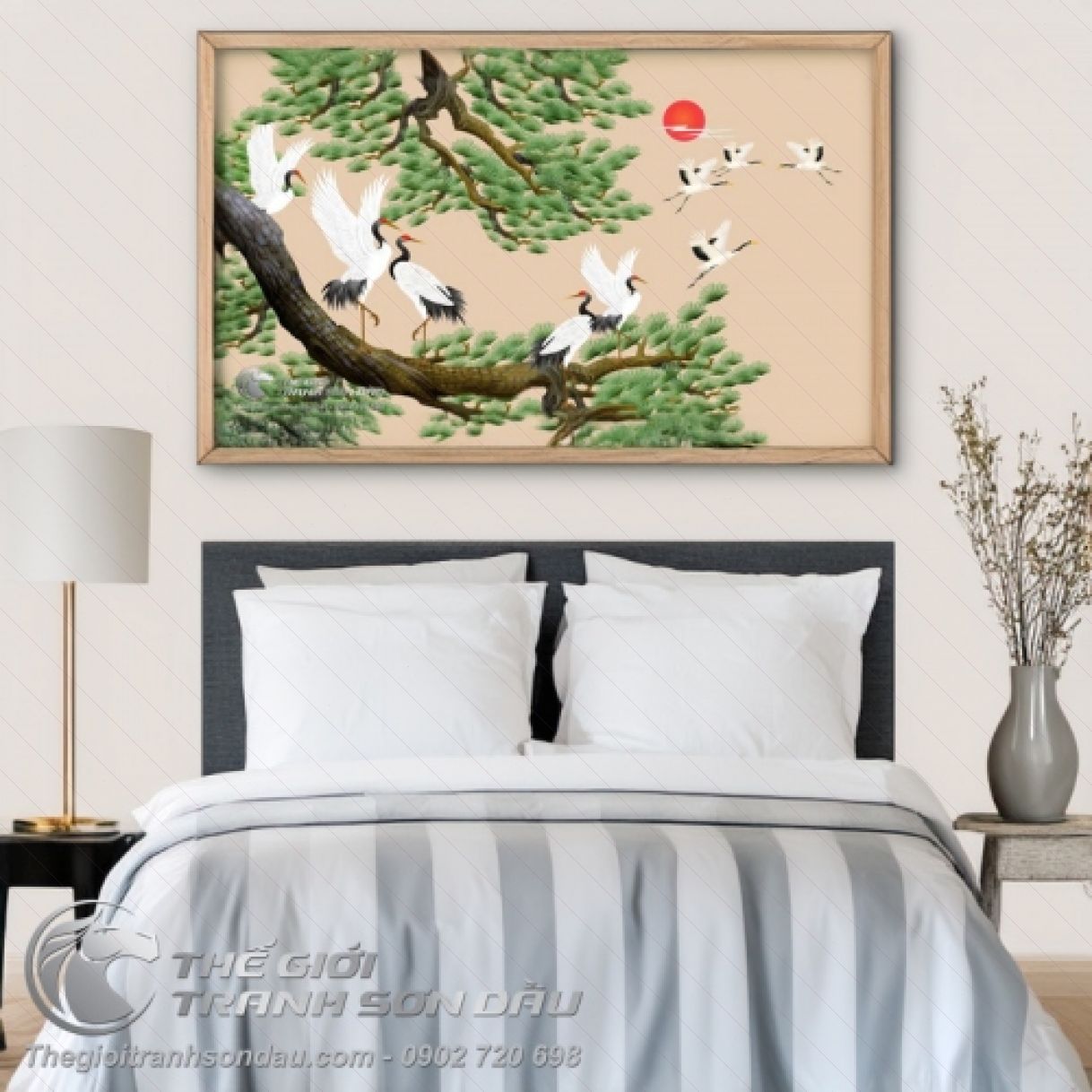 Tranh Chim Hạc Trắng Cây Tùng Xanh Sơn Dầu Đa Kích Thước Khung 6cm 