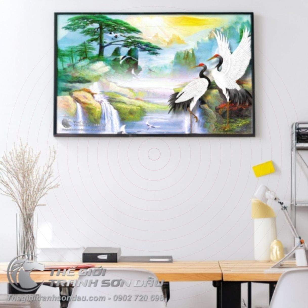 Tranh Sơn Dầu Cao Sơn Lưu Thủy Chim Hạc Đa Kích Thước Sang Trọng 