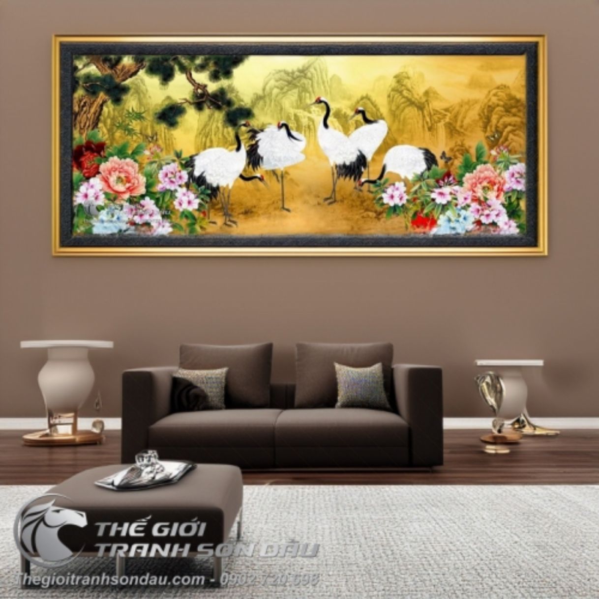 Tranh Sơn Dầu Chim Hạc Hoa Mẫu Đơn Cây Tùng 60x90cm Sang Trọng 