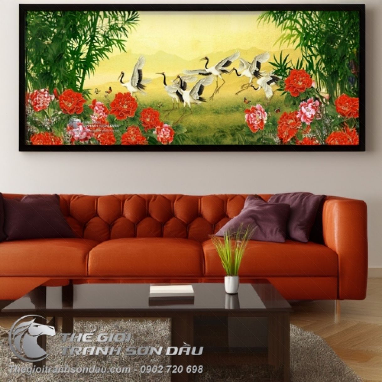 Tranh Sơn Dầu Chim Hạc Hoa Mẫu Đơn Khóm Trúc 60x90cm Đẹp 