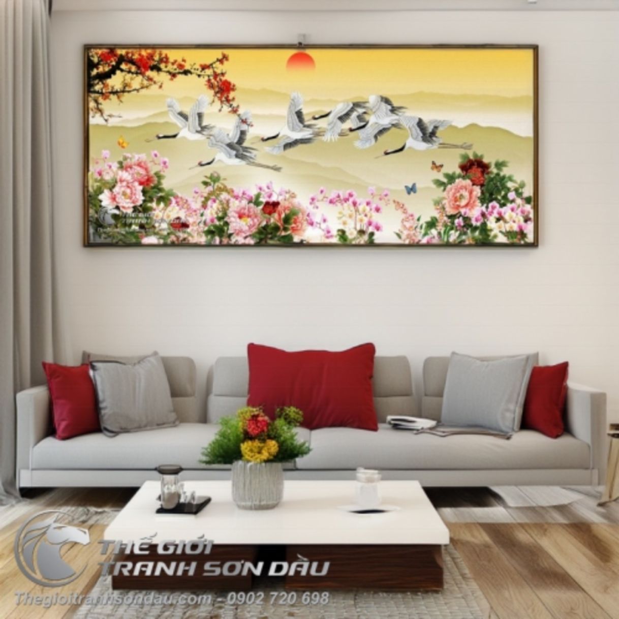 Tranh những chú chim hạc bay bầu trời sơn dầu đa kích thước tranh đẹp 
