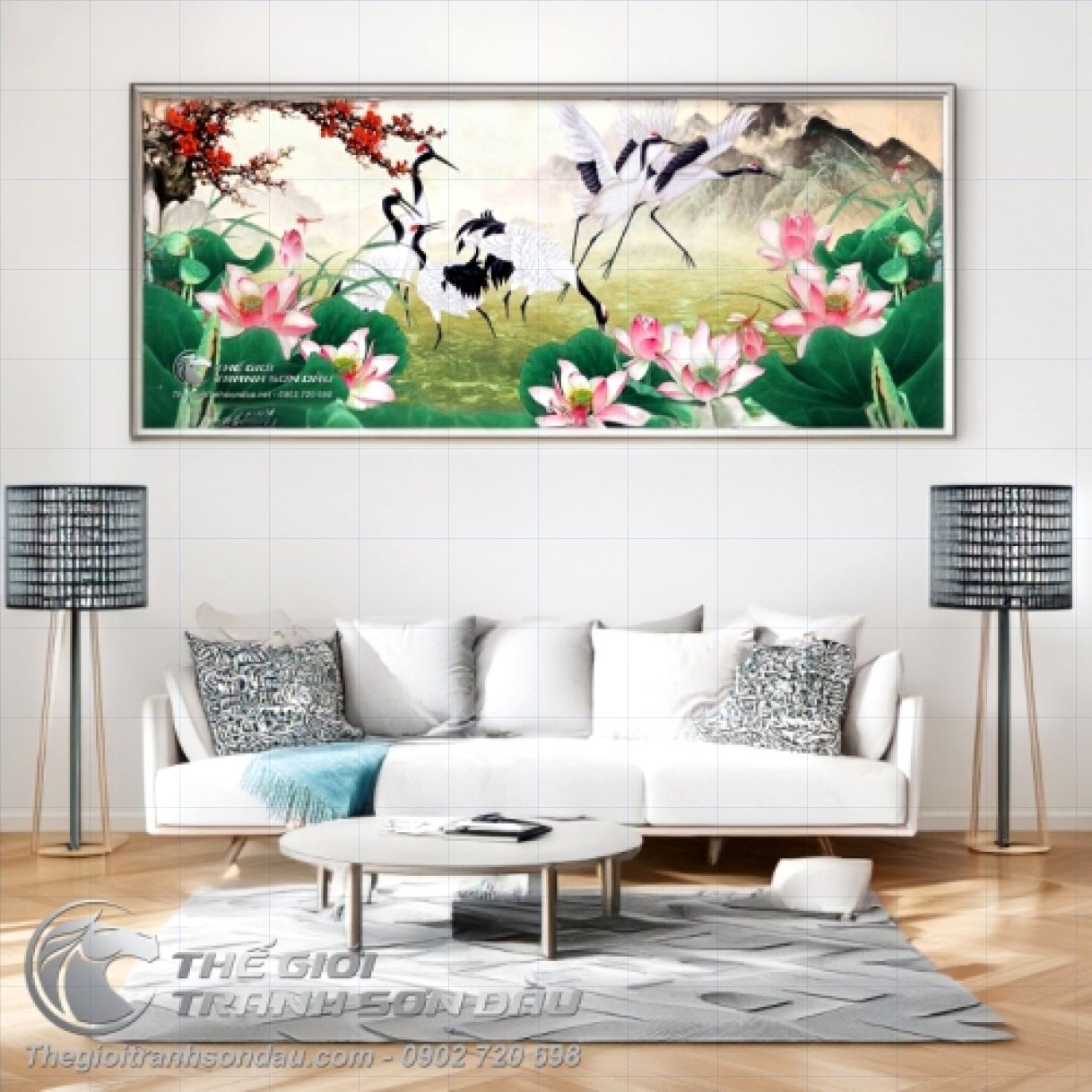 Tranh Vẽ Chim Hạc Cành Đào Đỏ Rực Rỡ Sơn Dầu Đa Kích Thước 