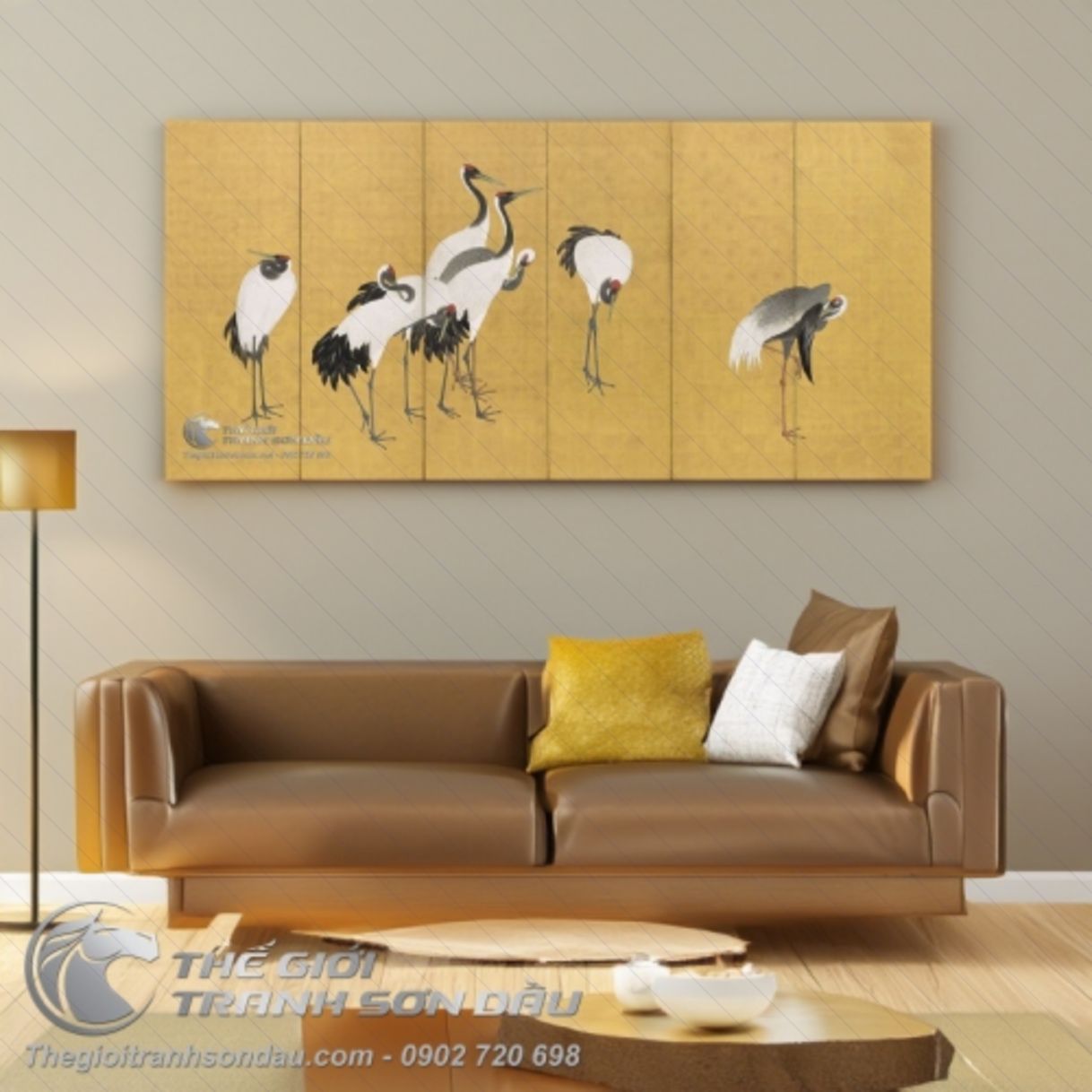 Tranh Những Đôi Chim Hạc Nền Màu Vàng Nhạt Sơn Dầu 60x90cm Tinh Tế Đẹp 
