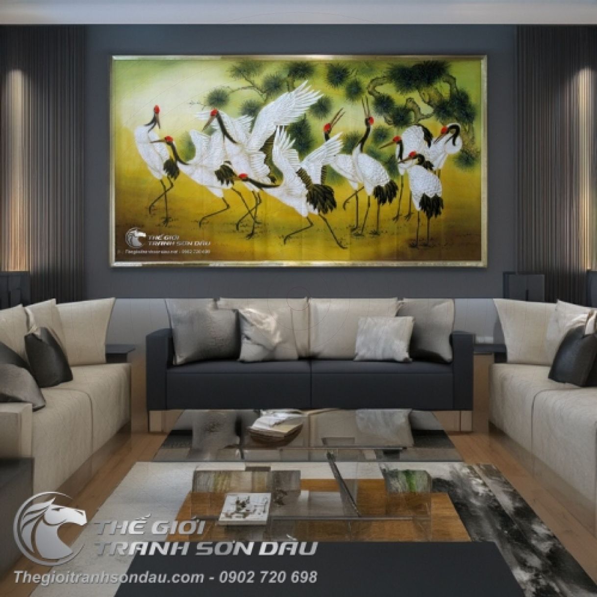 Tranh đôi chim hạc bên cây tùng sơn dầu phong thủy may mắn 