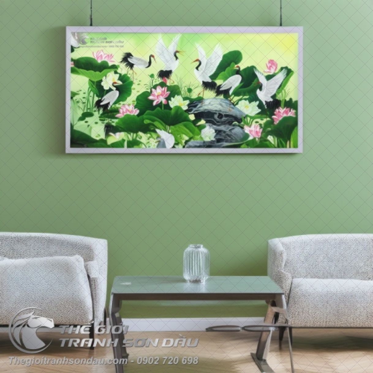 Tranh chim hạc hoa sen sơn dầu đa sắc khung chuẩn 60x90cm 