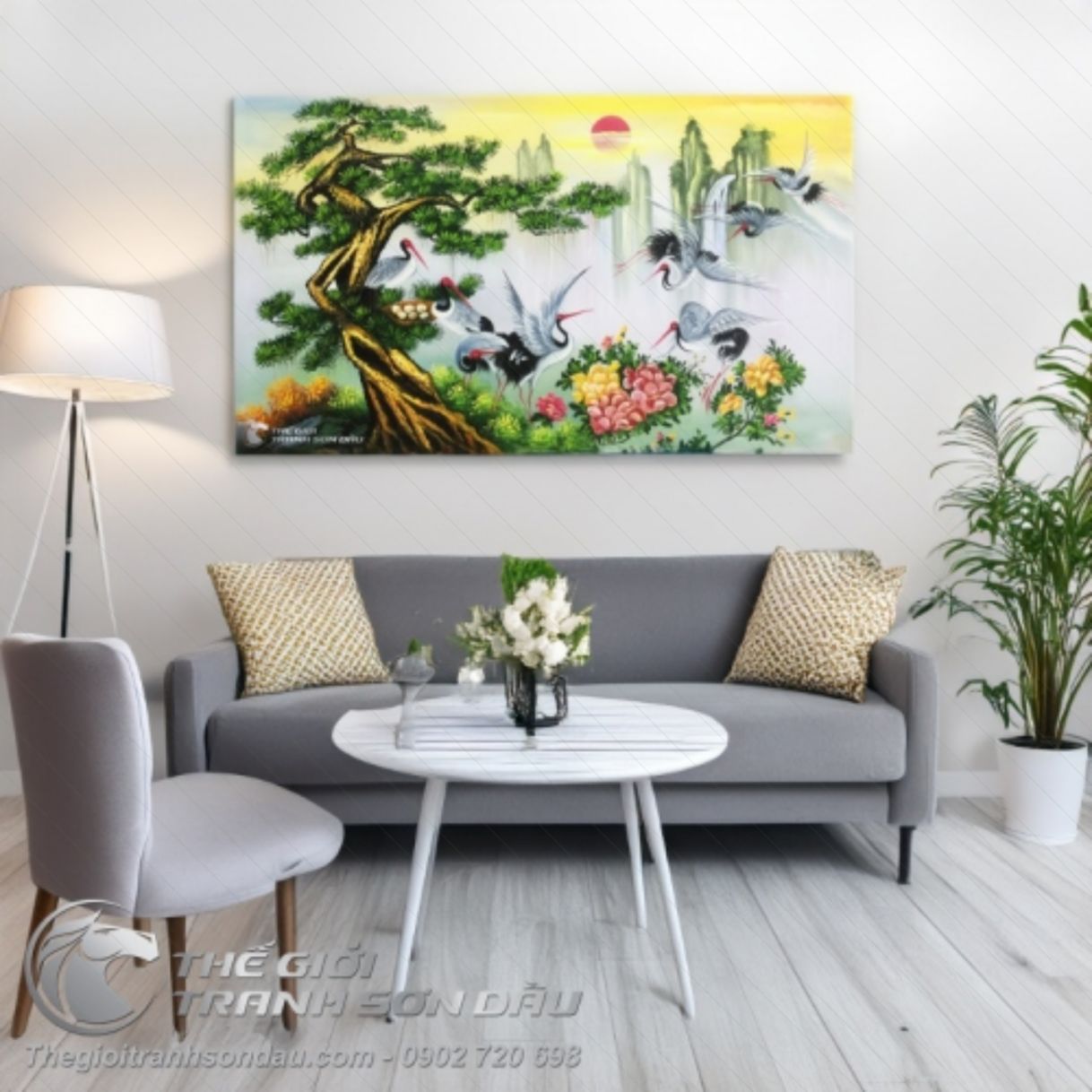 Tranh Cây Tùng Đàn Chim Hạc Tám Con Phong Thủy Sang Trọng 