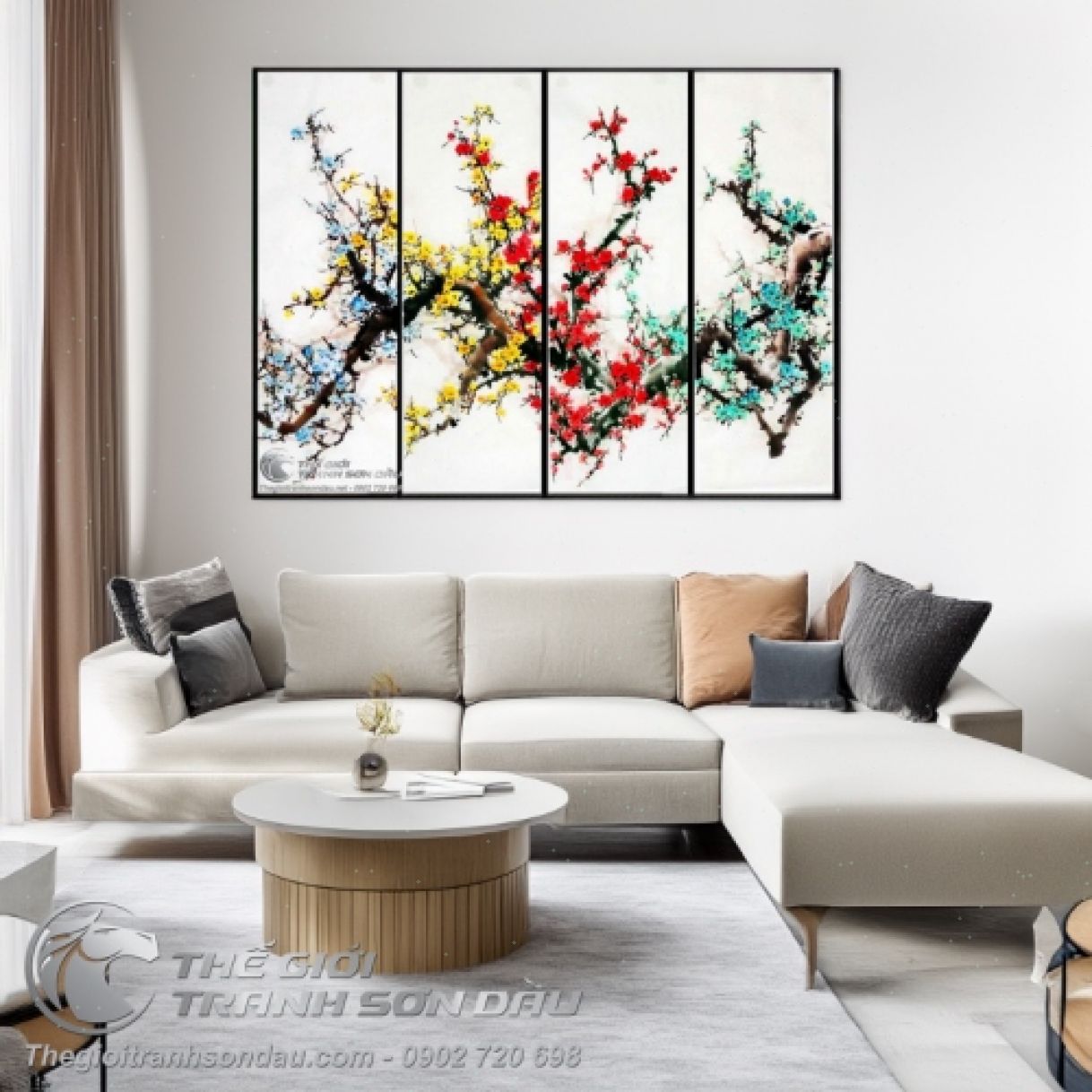 Tranh Tứ Quý Hoa Đào 4 Mùa Sơn Dầu Màu Sắc Đa Dạng 
