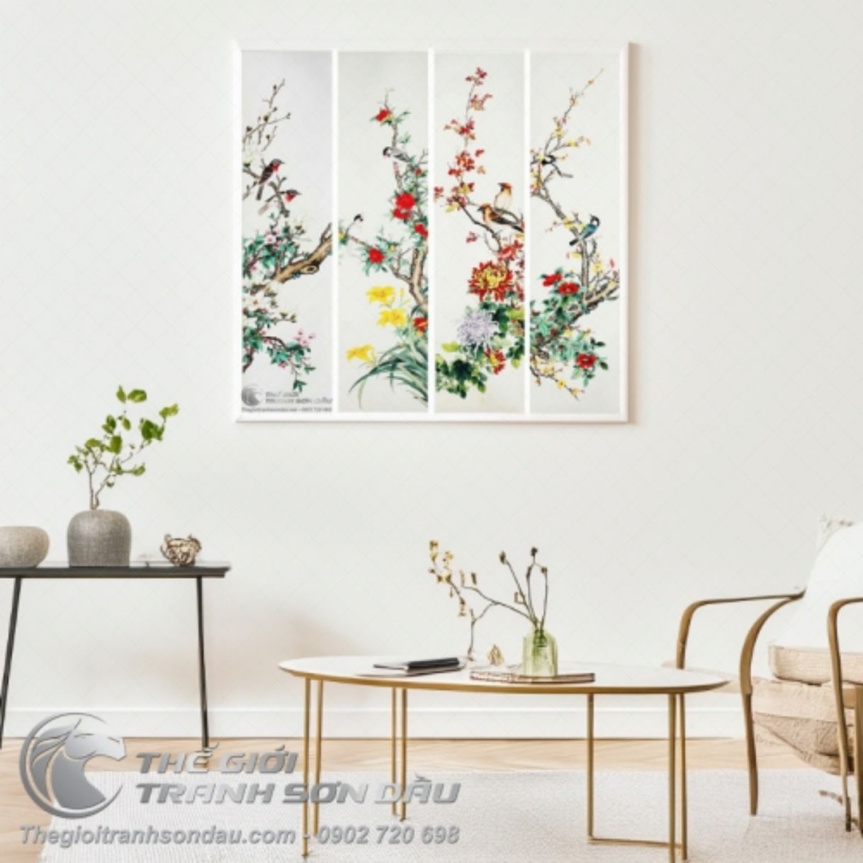 Tranh Sơn Dầu Tứ Quý Đào Mẫu Đơn Mai Cúc 4 Mùa Khung 6cm Sang Trọng 