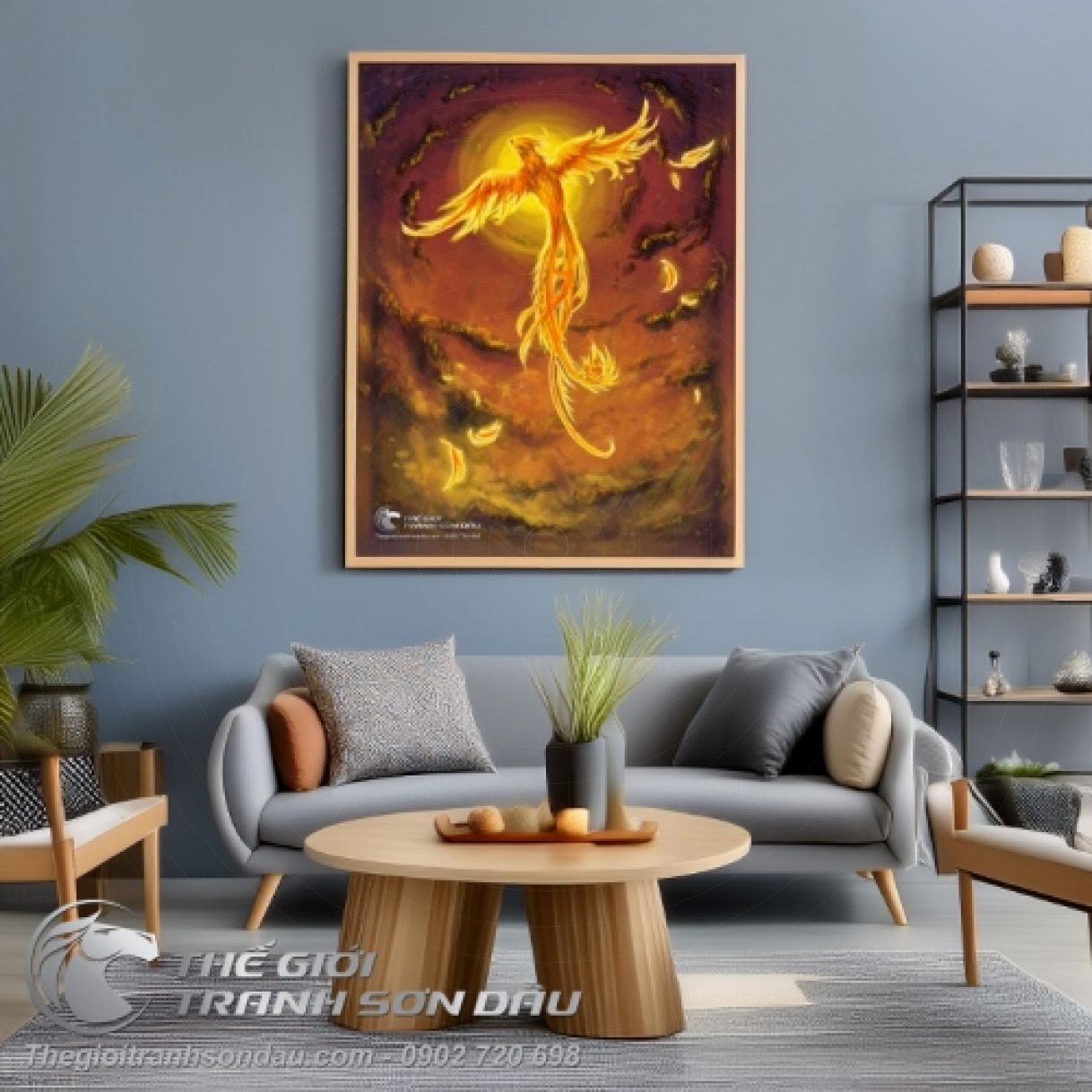 Tranh phượng hoàng lửa bay lên sơn dầu đa sắc khung 60x90cm 