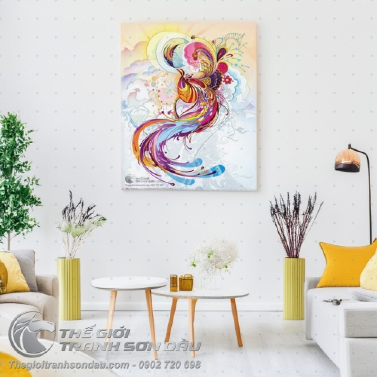Tranh Chim Phụng Hoàng Trên Mây Sơn Dầu 60x90cm Sang Trọng 