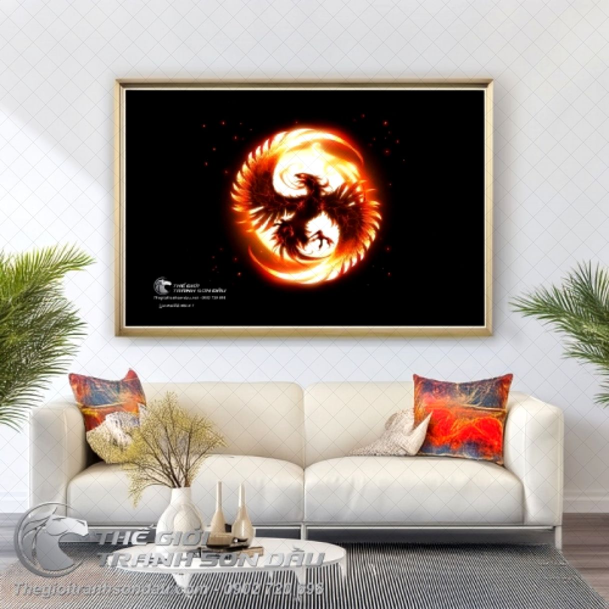 Tranh Chim Phượng Hoàng Lửa Mặt Trời Đỏ Sơn Dầu 60x90cm 