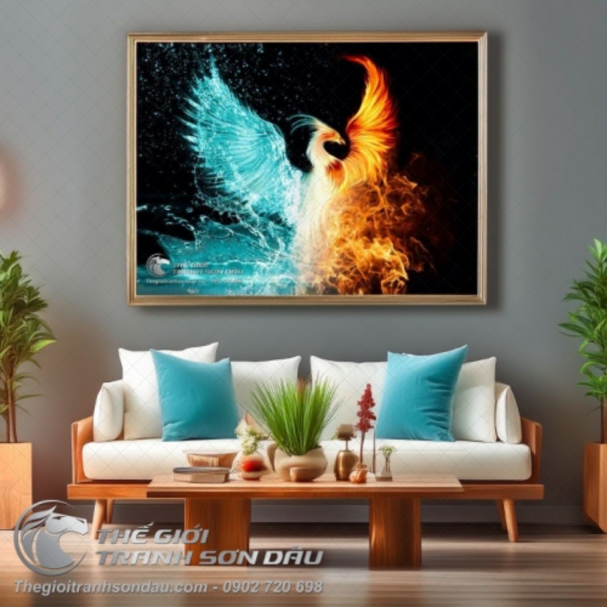 Tranh Sơn Dầu Chim Phụng Hoàng Băng Hỏa Sang Trọng 