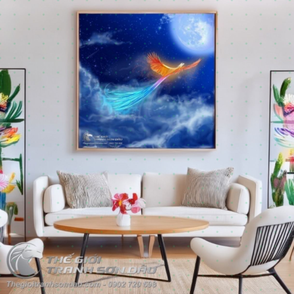 Tranh Chim Phụng Bay Đêm Sơn Dầu 60x90cm Đẹp Sang Trọng Đa Sắc 
