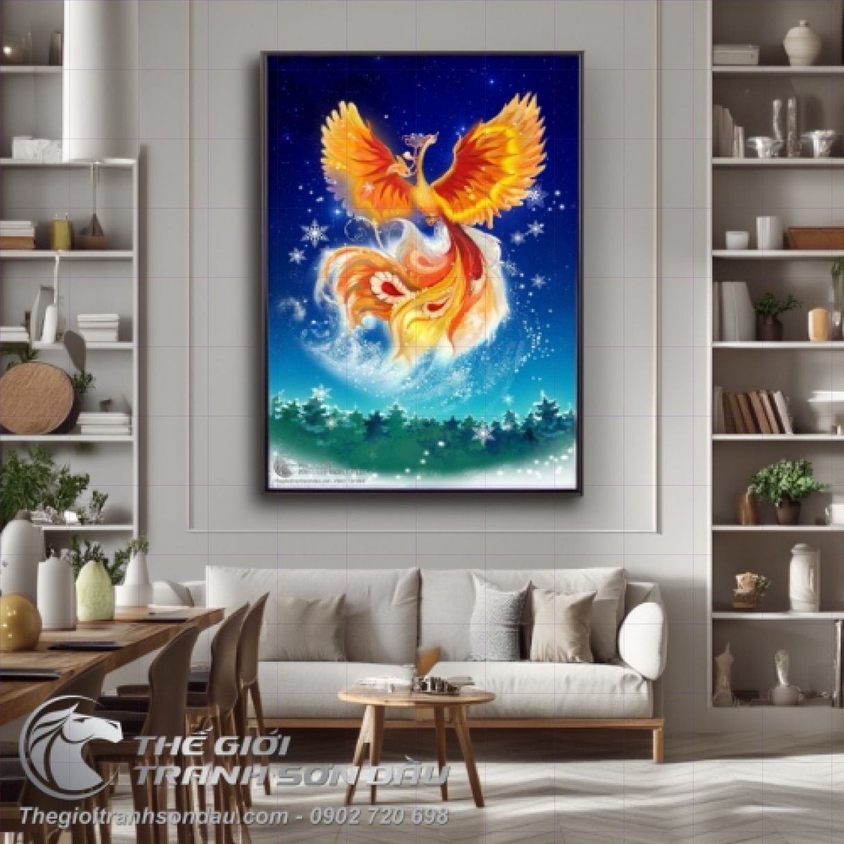 Tranh Chim Phượng Hoàng Lửa Đêm Sơn Dầu Phong Thuỷ 